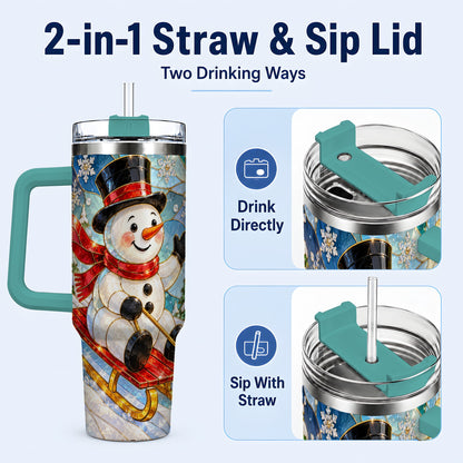 #pl[40oz|Green] Snowman 40oz Tumbler with Handle, Winter Sledding Travel Cup