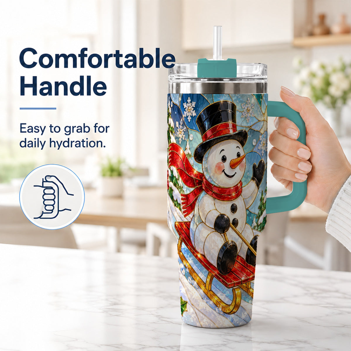 #pl[40oz|Green] Snowman 40oz Tumbler with Handle, Winter Sledding Travel Cup