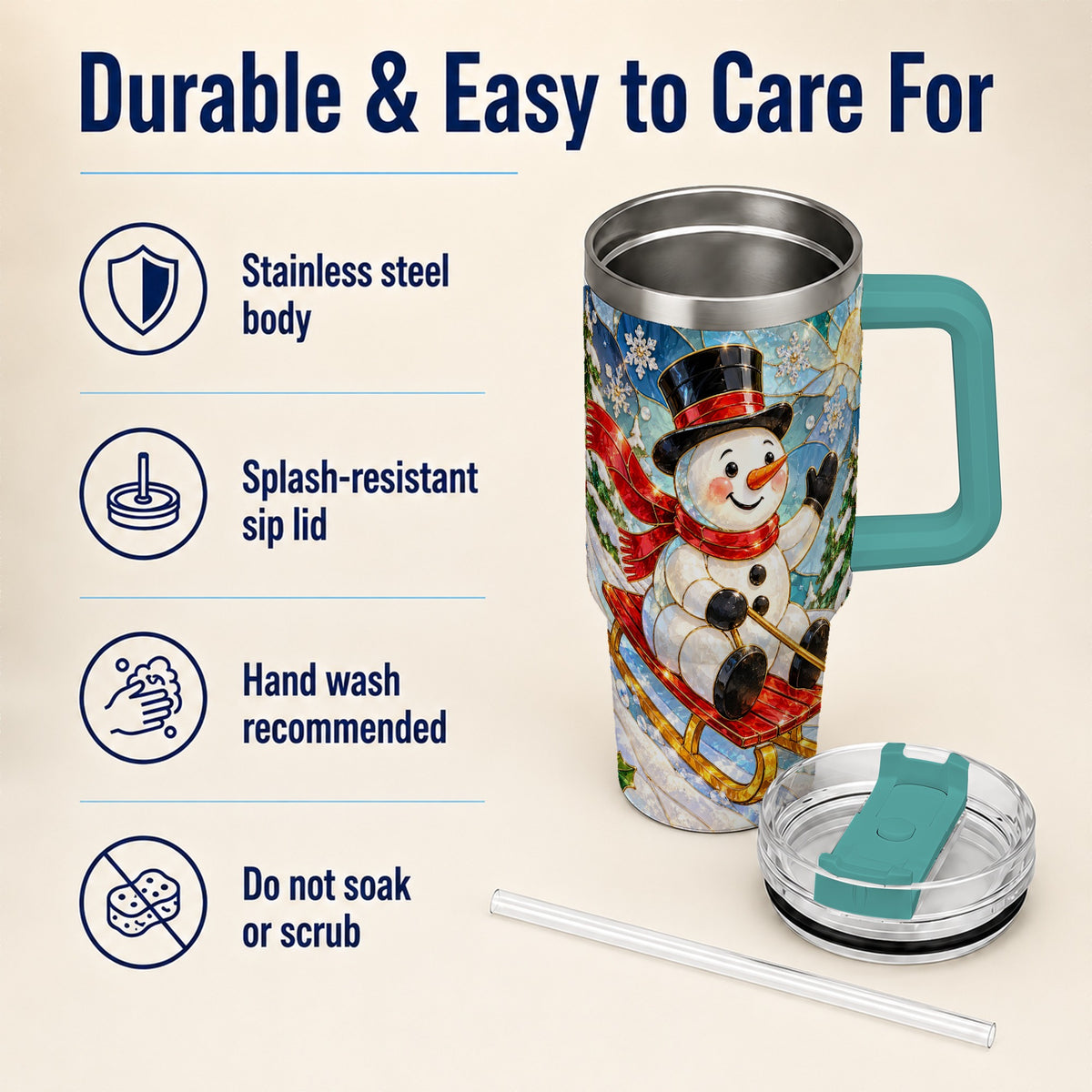 #pl[40oz|Green] Snowman 40oz Tumbler with Handle, Winter Sledding Travel Cup