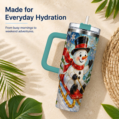 #pl[40oz|Green] Snowman 40oz Tumbler with Handle, Winter Sledding Travel Cup