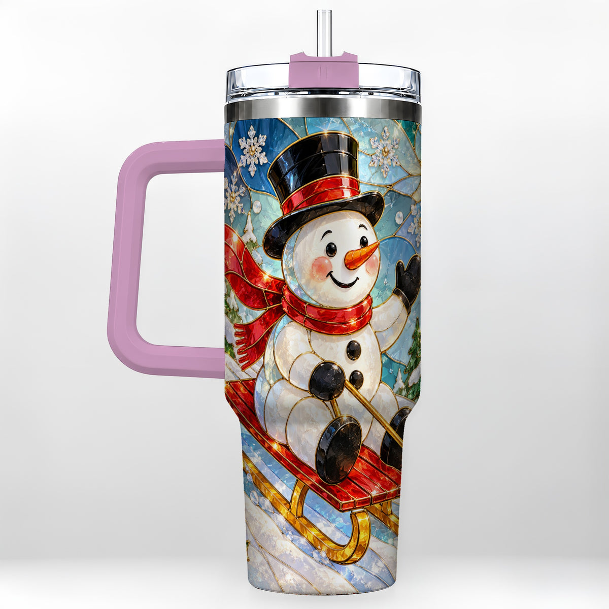 #pl[40oz|Pink] Snowman 40oz Tumbler with Handle, Winter Sledding Travel Cup