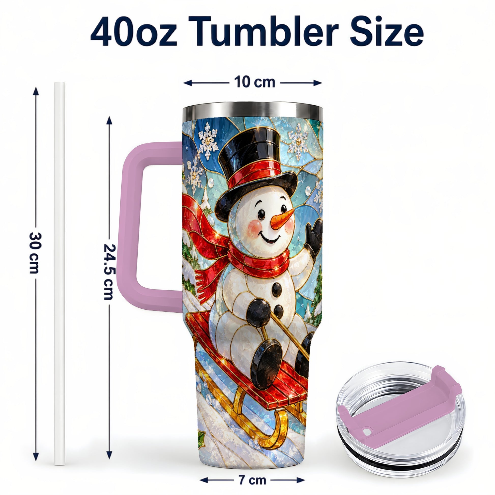 #pl[40oz|Pink] Snowman 40oz Tumbler with Handle, Winter Sledding Travel Cup