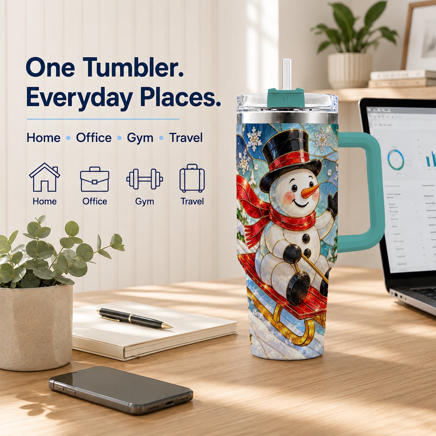 #pl[40oz|Green] Snowman 40oz Tumbler with Handle, Winter Sledding Travel Cup