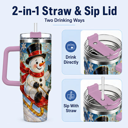 #pl[40oz|Pink] Snowman 40oz Tumbler with Handle, Winter Sledding Travel Cup