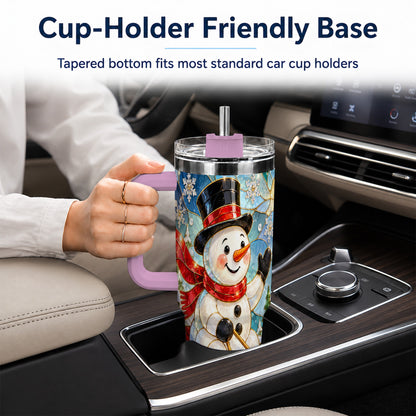 #pl[40oz|Pink] Snowman 40oz Tumbler with Handle, Winter Sledding Travel Cup