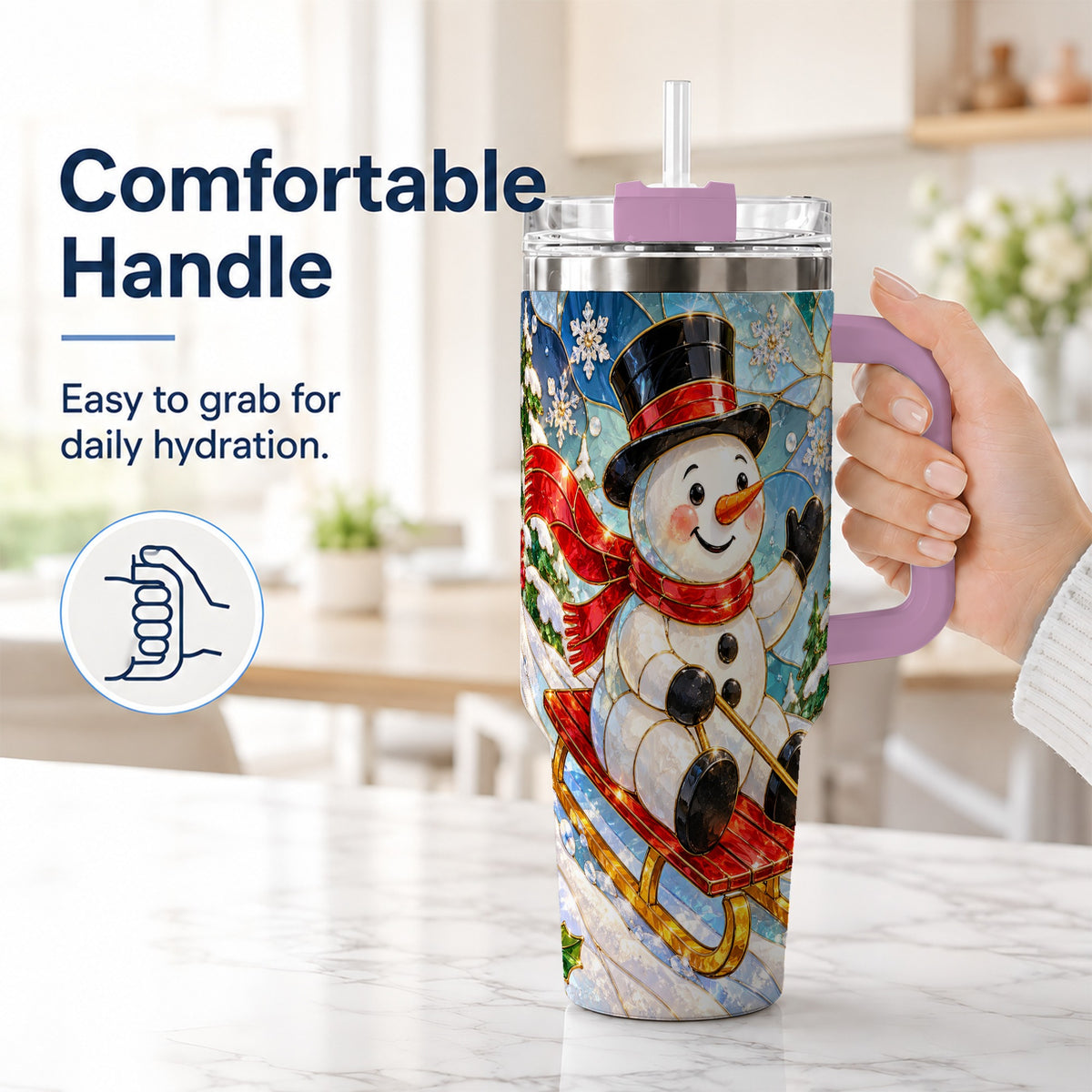 #pl[40oz|Pink] Snowman 40oz Tumbler with Handle, Winter Sledding Travel Cup