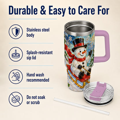 #pl[40oz|Pink] Snowman 40oz Tumbler with Handle, Winter Sledding Travel Cup