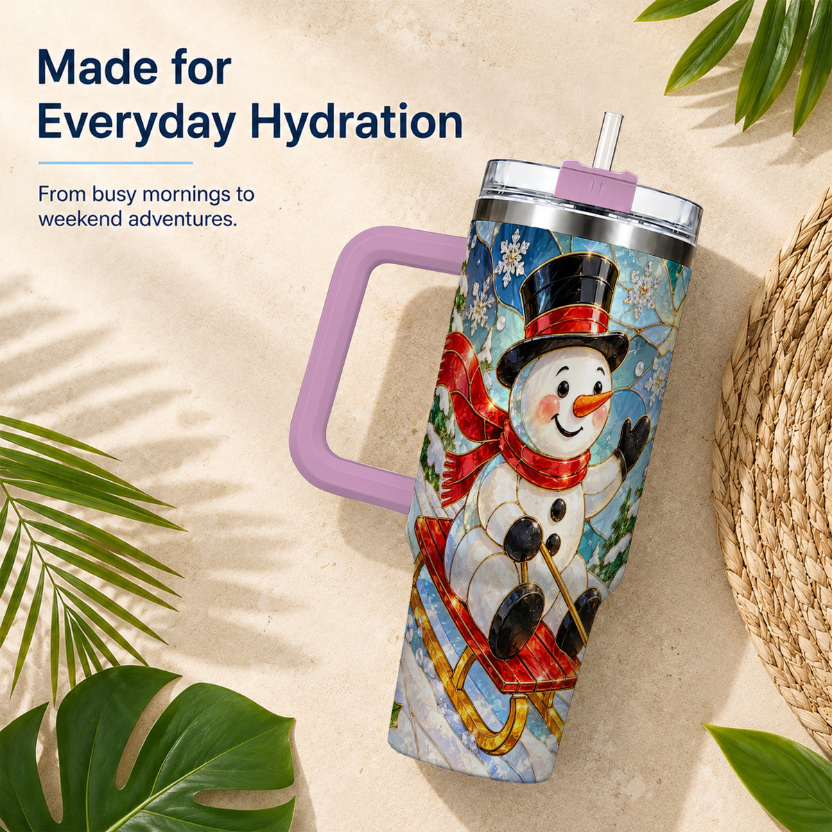 #pl[40oz|Pink] Snowman 40oz Tumbler with Handle, Winter Sledding Travel Cup