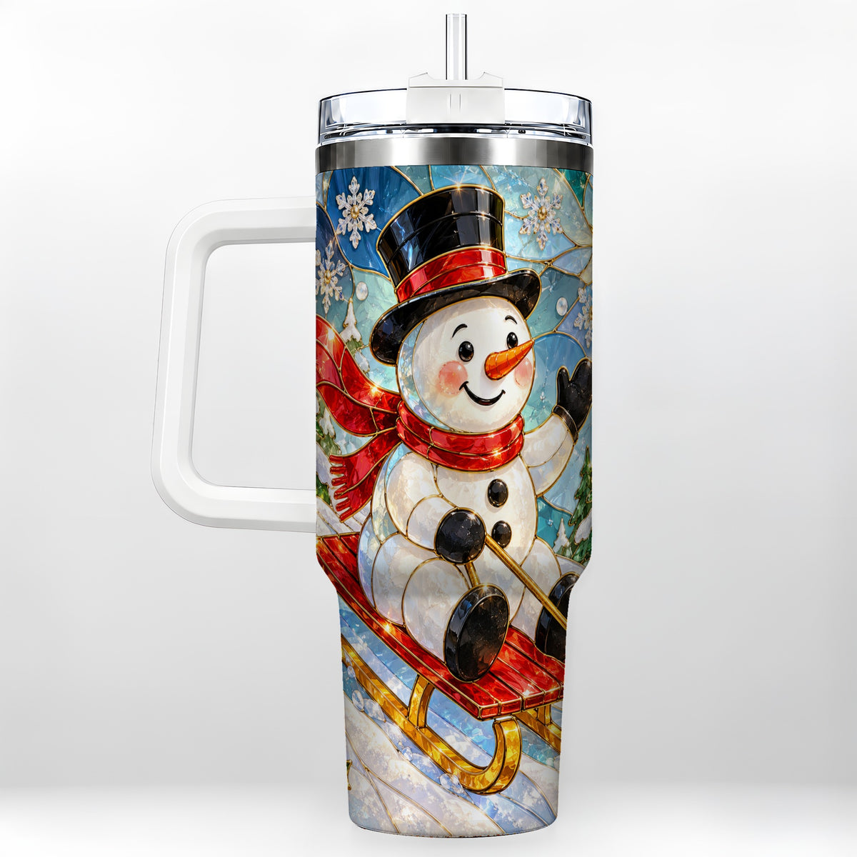 Snowman 40oz Tumbler with Handle, Winter Sledding Travel Cup