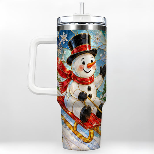 Snowman 40oz Tumbler with Handle, Winter Sledding Travel Cup