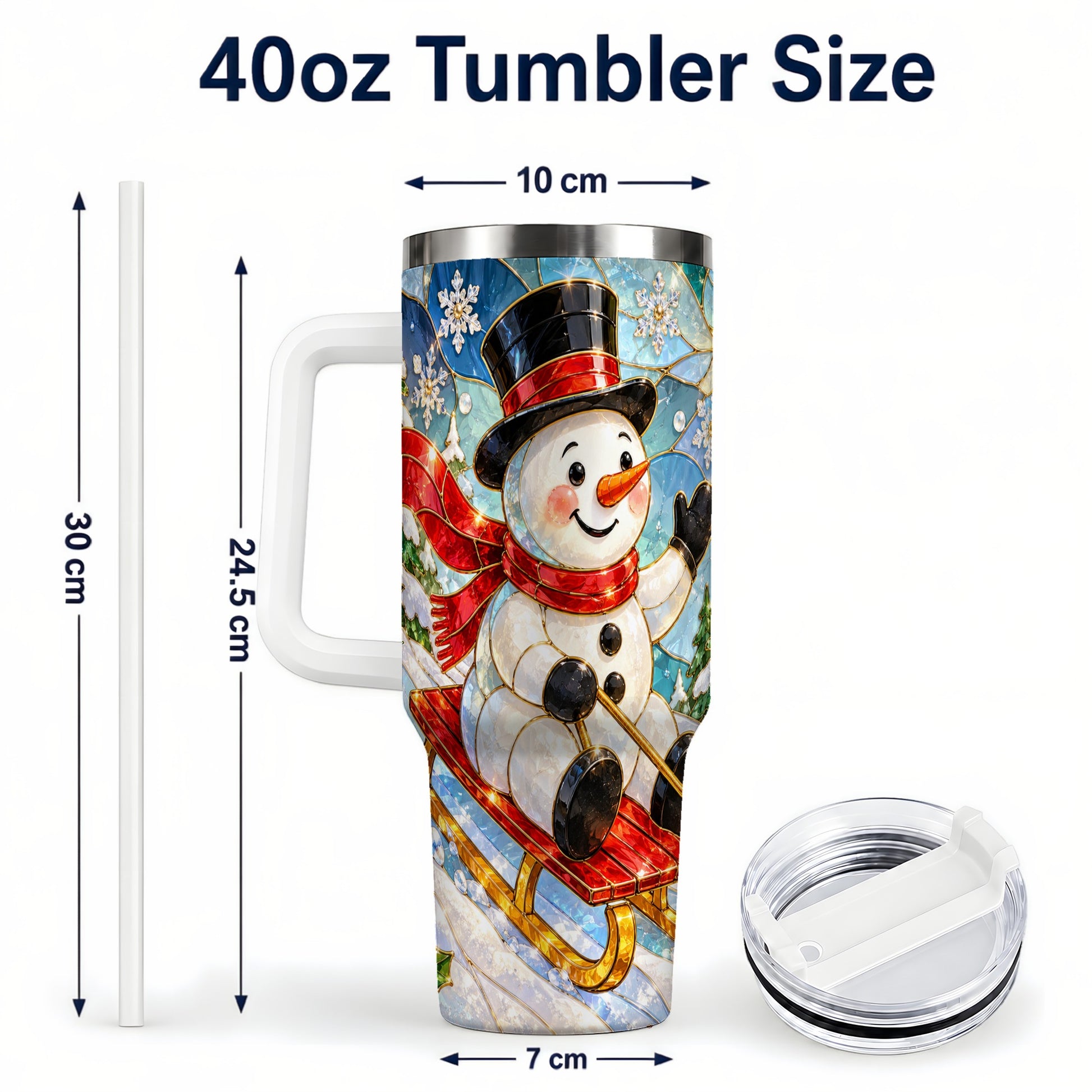 #pl[40oz|White] Snowman 40oz Tumbler with Handle, Winter Sledding Travel Cup