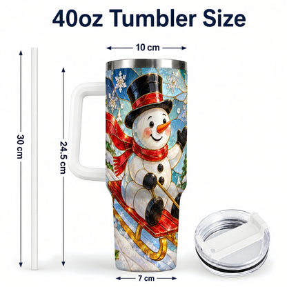 #pl[40oz|White] Snowman 40oz Tumbler with Handle, Winter Sledding Travel Cup
