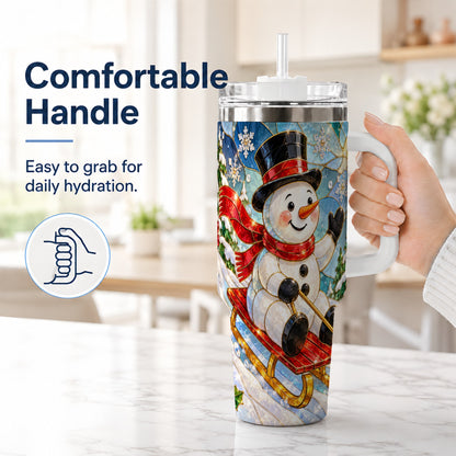 #pl[40oz|White] Snowman 40oz Tumbler with Handle, Winter Sledding Travel Cup