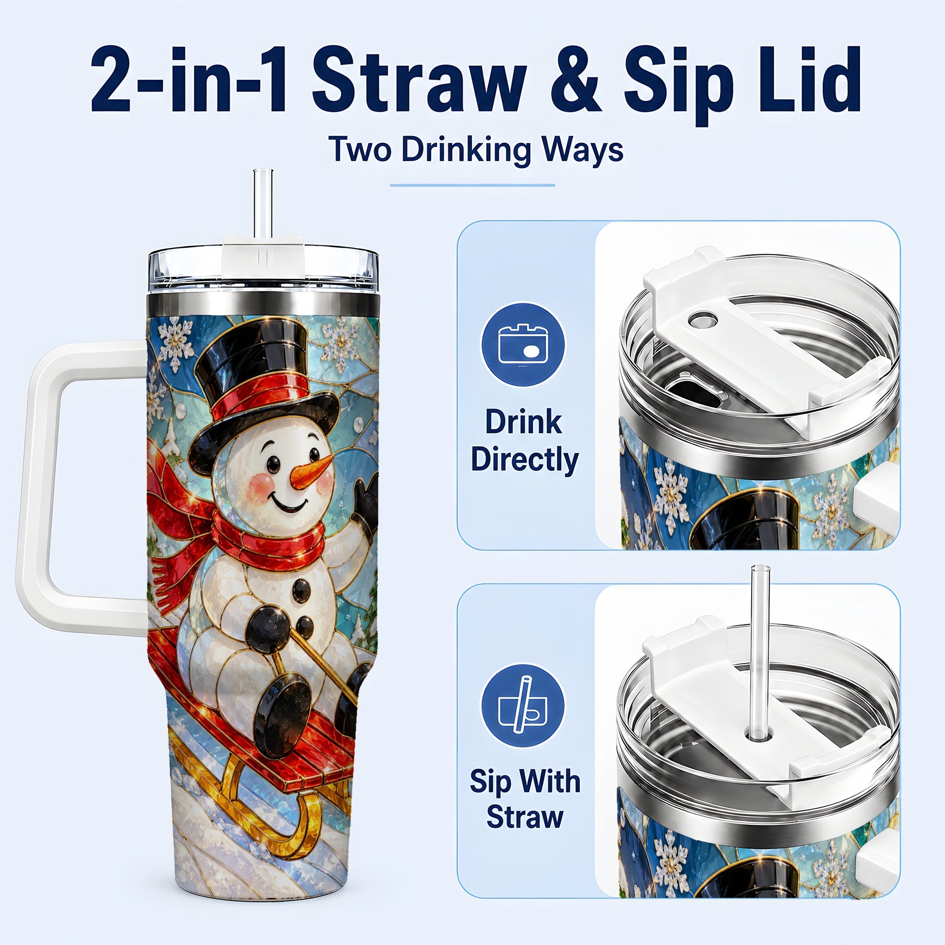 #pl[40oz|White] Snowman 40oz Tumbler with Handle, Winter Sledding Travel Cup
