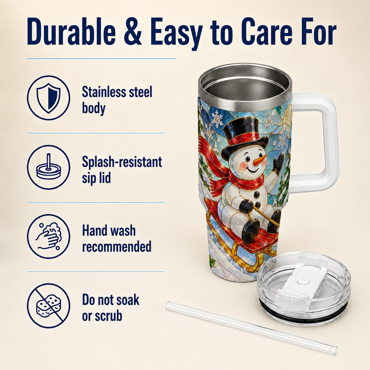 #pl[40oz|White] Snowman 40oz Tumbler with Handle, Winter Sledding Travel Cup