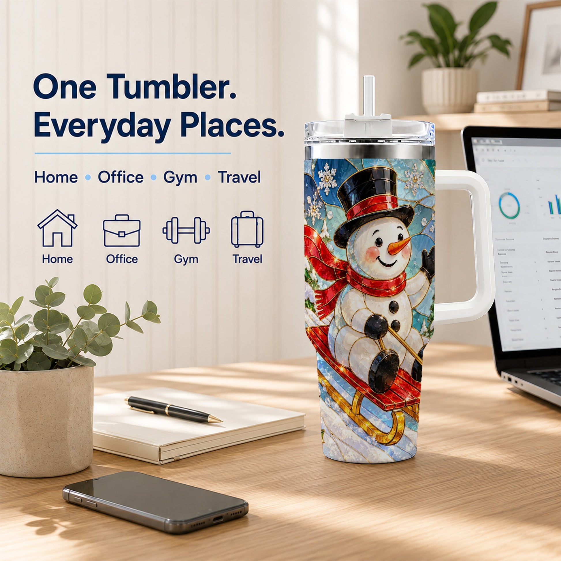 #pl[40oz|White] Snowman 40oz Tumbler with Handle, Winter Sledding Travel Cup