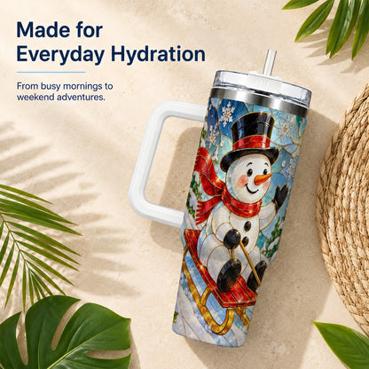 #pl[40oz|White] Snowman 40oz Tumbler with Handle, Winter Sledding Travel Cup