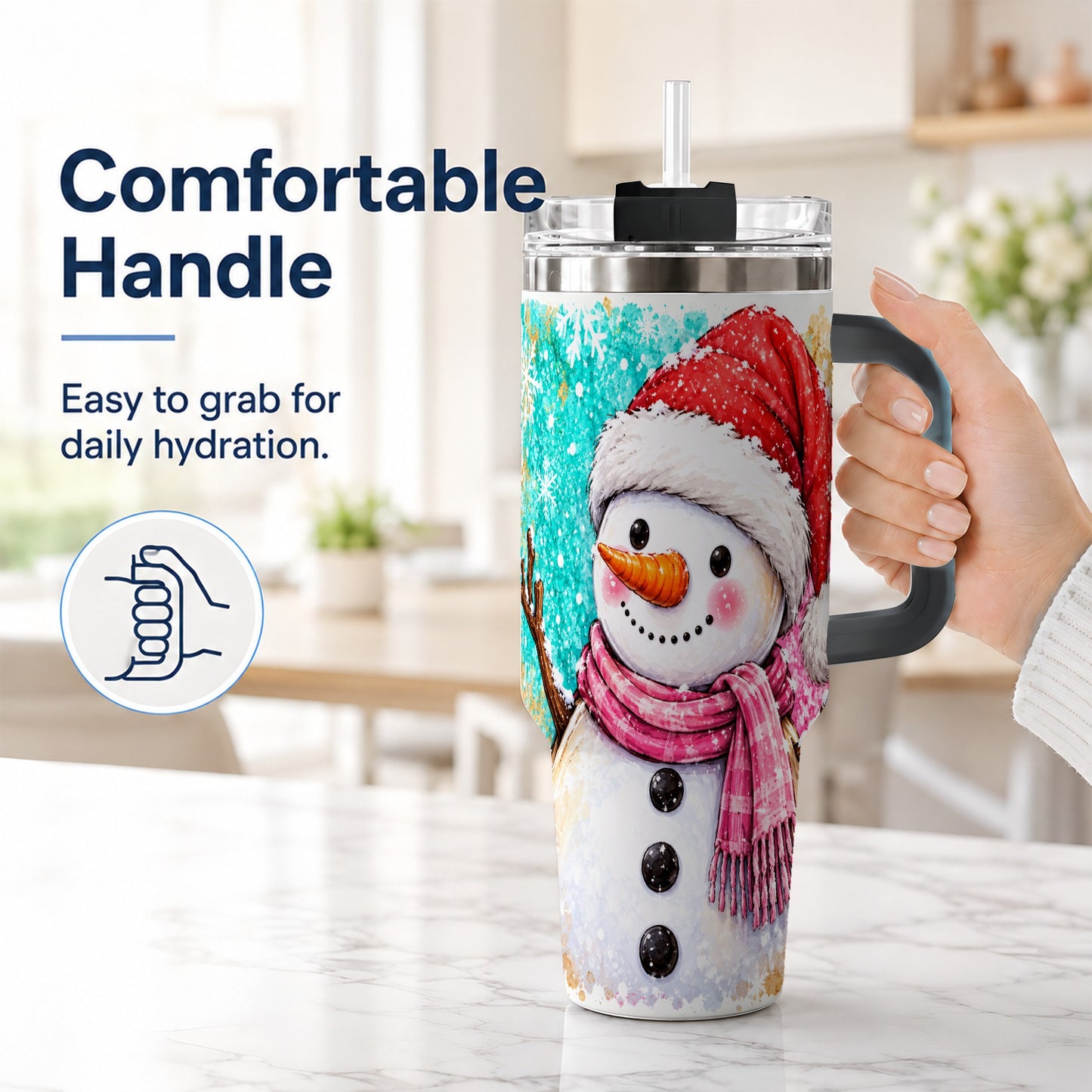 #pl[40oz|Black] Snowman 40oz Tumbler with Handle, Colorful Winter Travel Cup