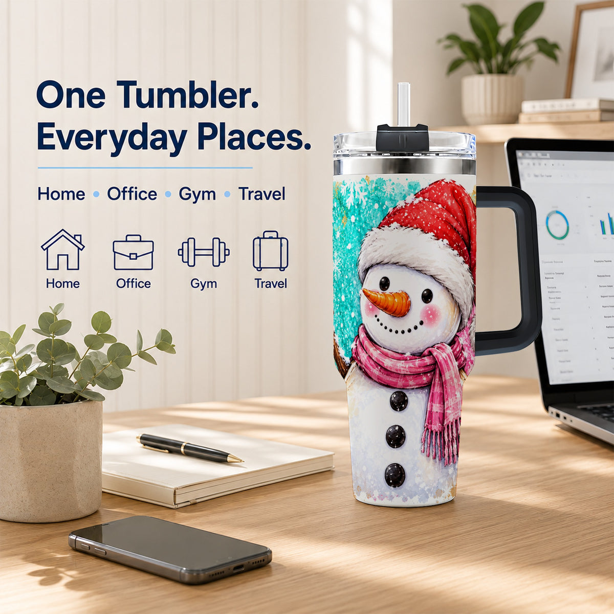 #pl[40oz|Black] Snowman 40oz Tumbler with Handle, Colorful Winter Travel Cup
