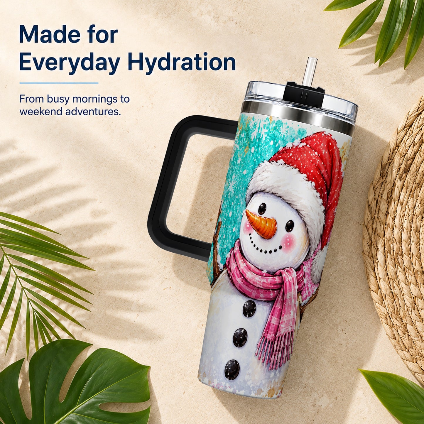#pl[40oz|Black] Snowman 40oz Tumbler with Handle, Colorful Winter Travel Cup