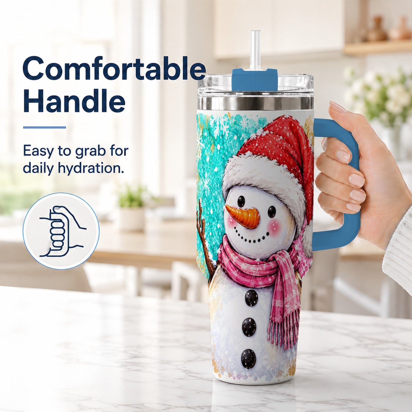 #pl[40oz|Blue] Snowman 40oz Tumbler with Handle, Colorful Winter Travel Cup