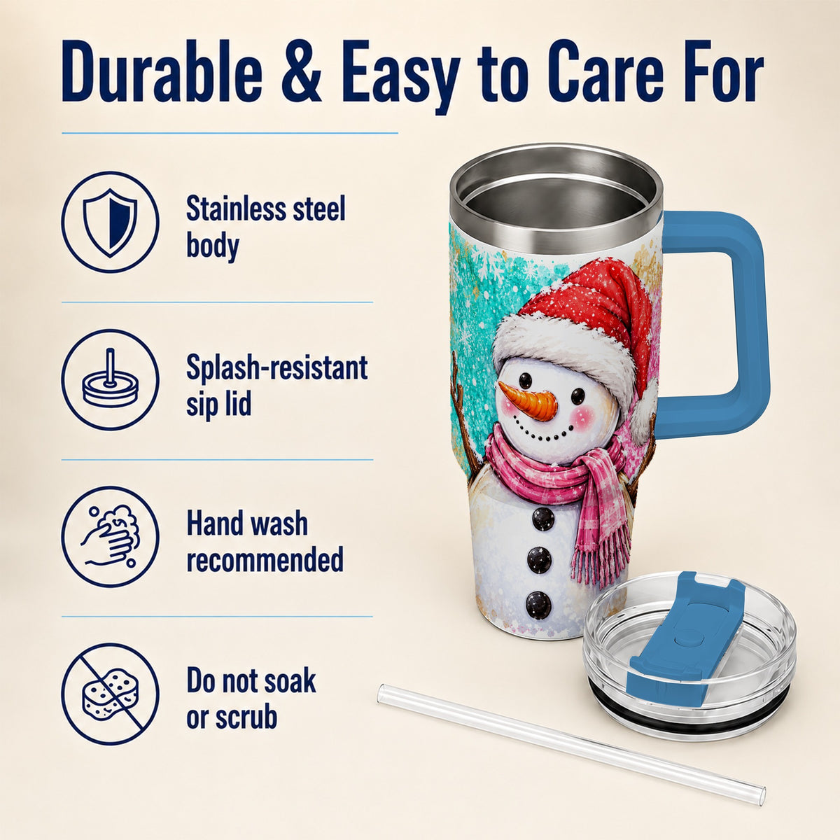 #pl[40oz|Blue] Snowman 40oz Tumbler with Handle, Colorful Winter Travel Cup