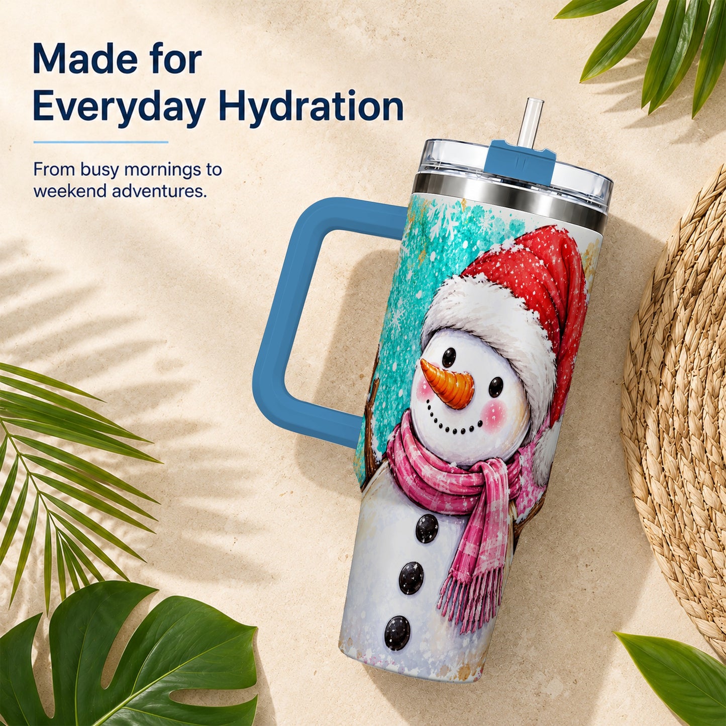 #pl[40oz|Blue] Snowman 40oz Tumbler with Handle, Colorful Winter Travel Cup