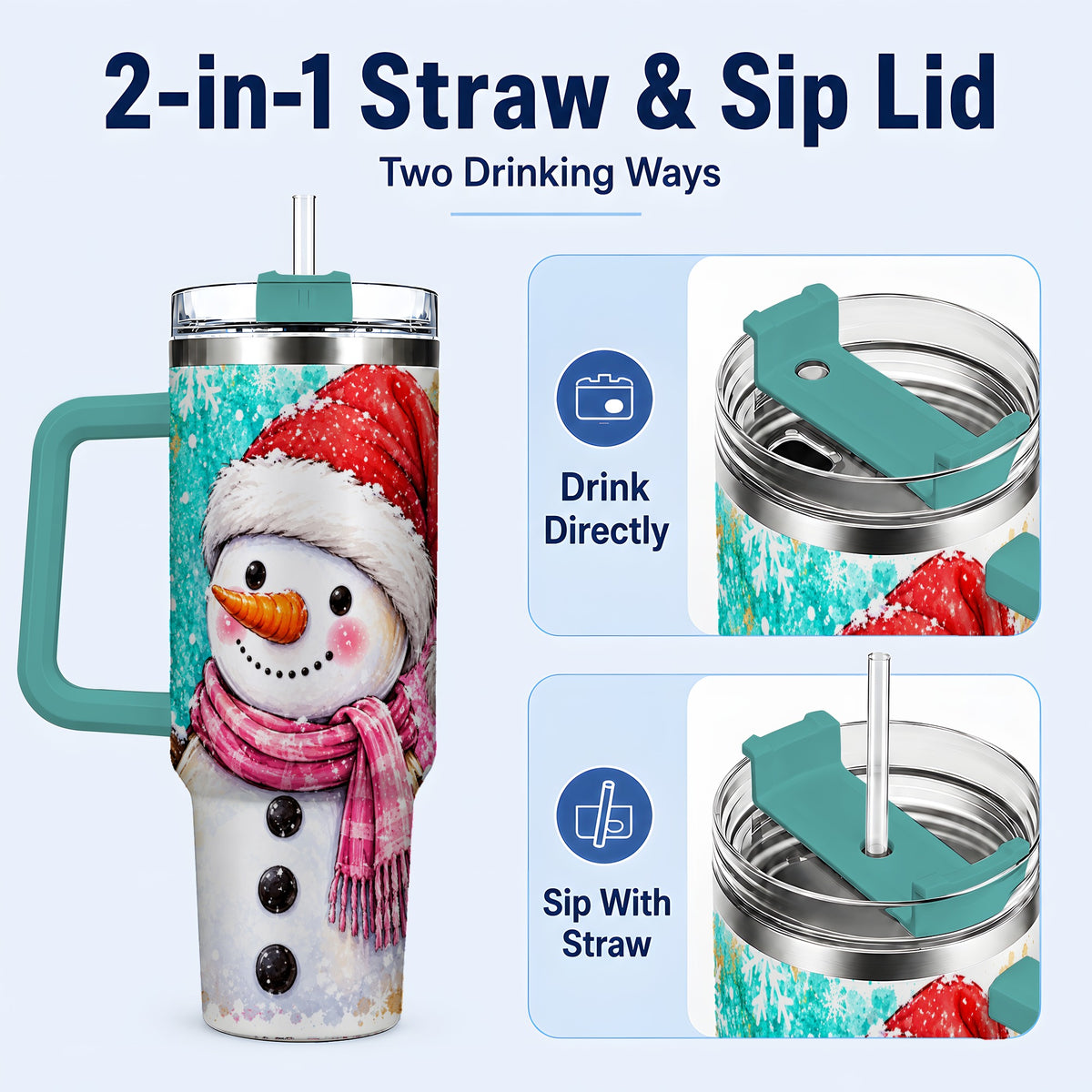 #pl[40oz|Green] Snowman 40oz Tumbler with Handle, Colorful Winter Travel Cup