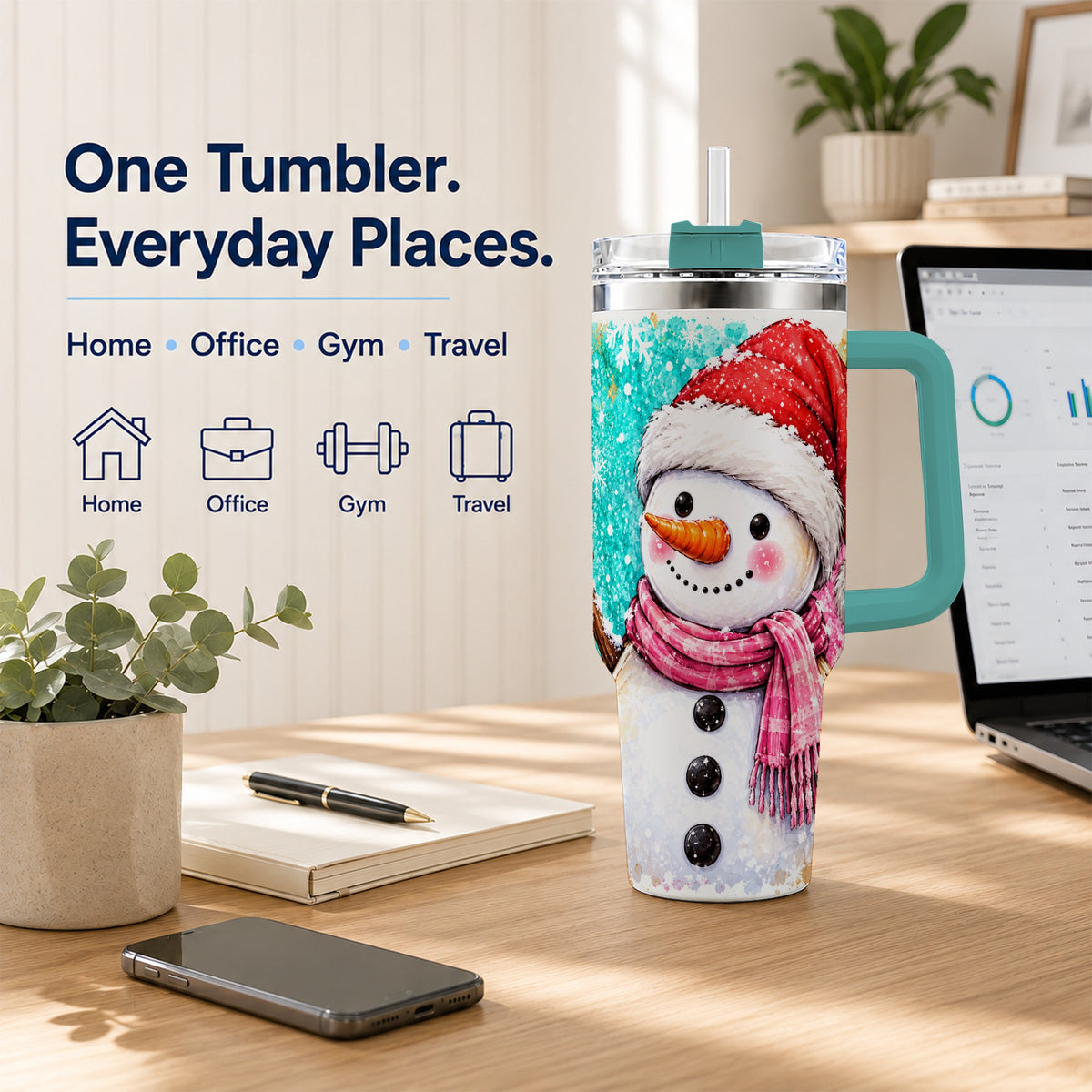 #pl[40oz|Green] Snowman 40oz Tumbler with Handle, Colorful Winter Travel Cup