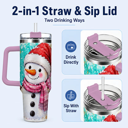 #pl[40oz|Pink] Snowman 40oz Tumbler with Handle, Colorful Winter Travel Cup