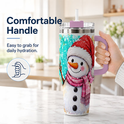 #pl[40oz|Pink] Snowman 40oz Tumbler with Handle, Colorful Winter Travel Cup