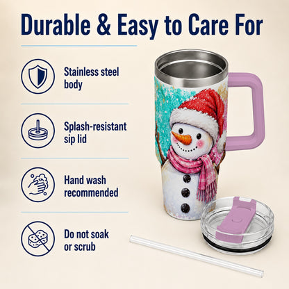 #pl[40oz|Pink] Snowman 40oz Tumbler with Handle, Colorful Winter Travel Cup