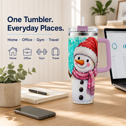 #pl[40oz|Pink] Snowman 40oz Tumbler with Handle, Colorful Winter Travel Cup