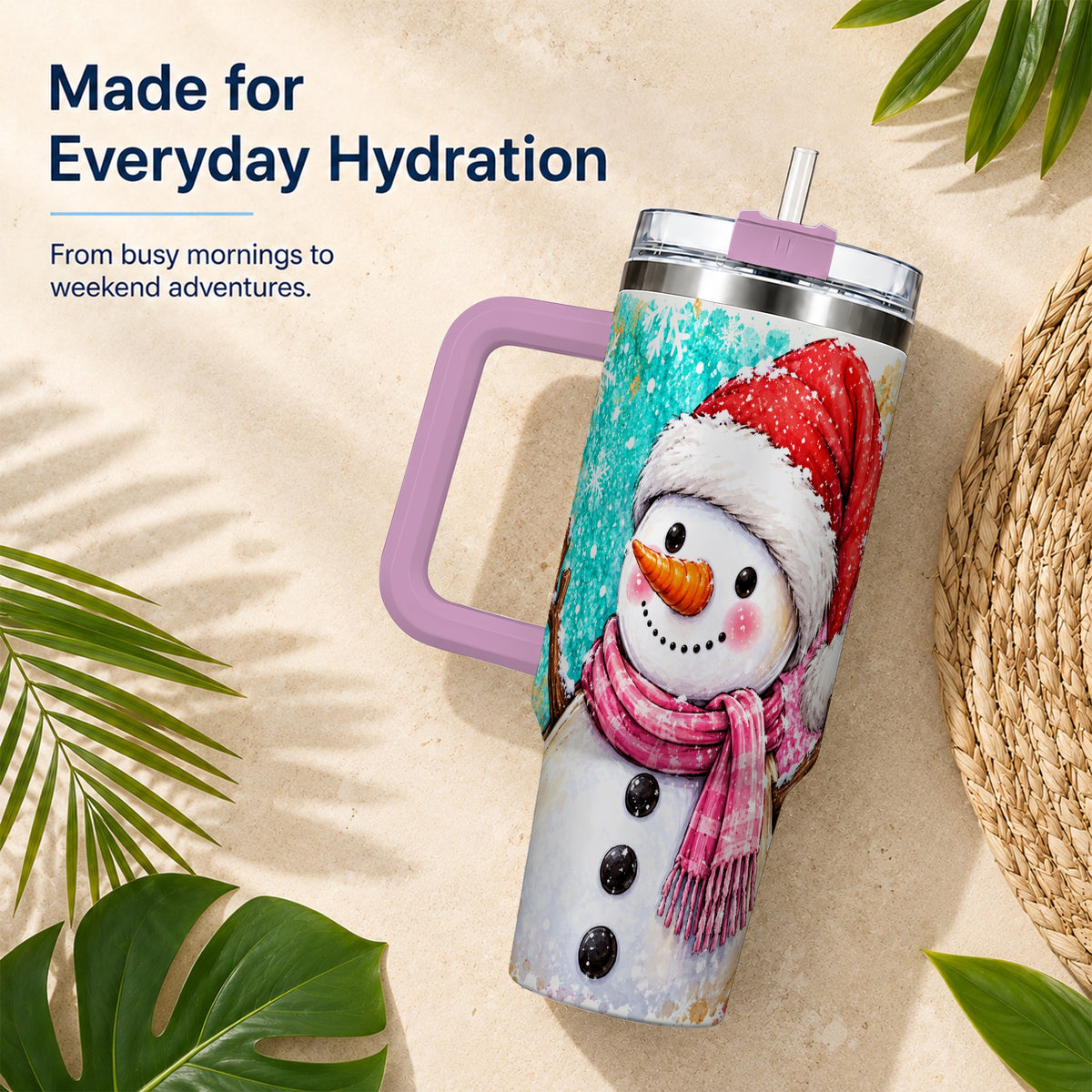 #pl[40oz|Pink] Snowman 40oz Tumbler with Handle, Colorful Winter Travel Cup