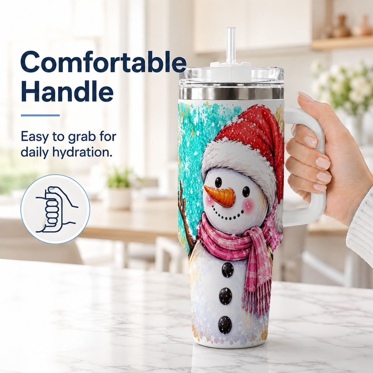 #pl[40oz|White] Snowman 40oz Tumbler with Handle, Colorful Winter Travel Cup