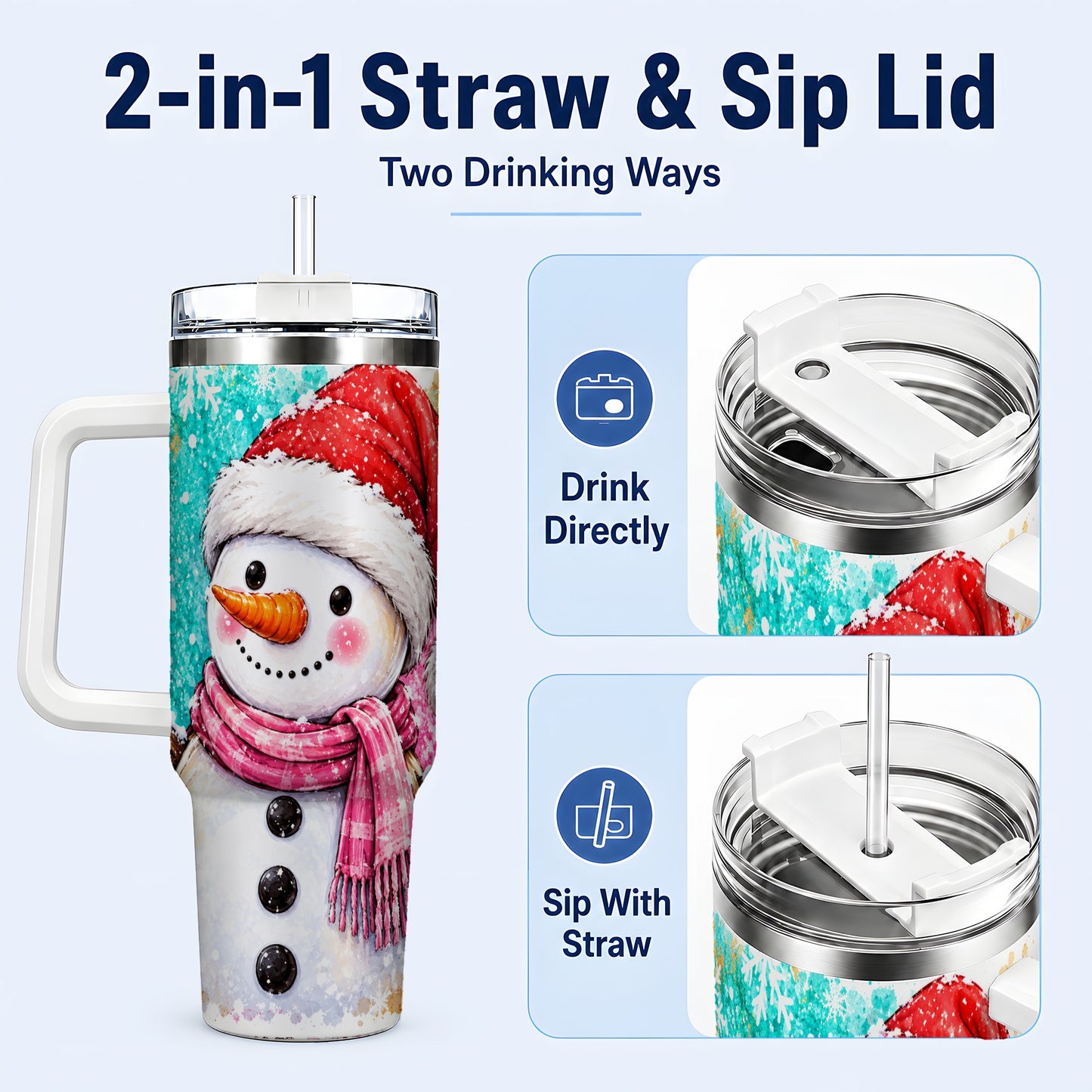 #pl[40oz|White] Snowman 40oz Tumbler with Handle, Colorful Winter Travel Cup
