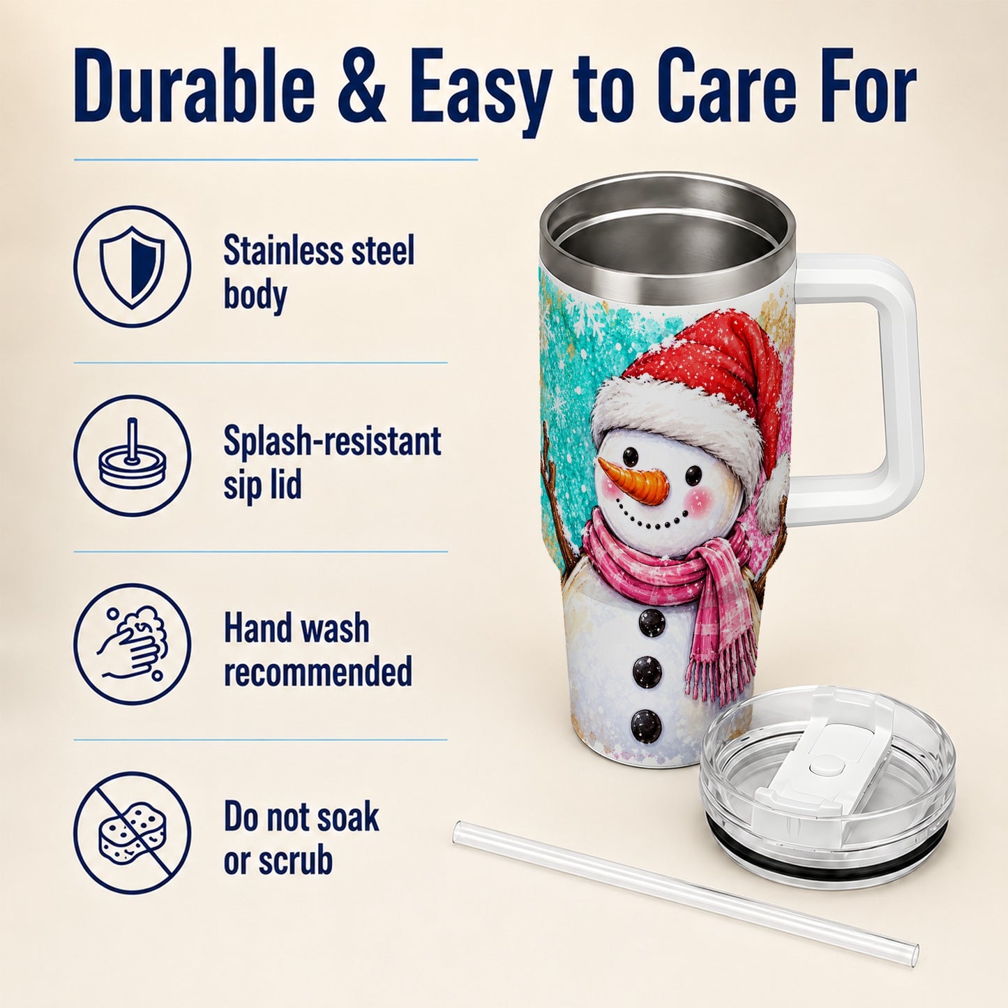 #pl[40oz|White] Snowman 40oz Tumbler with Handle, Colorful Winter Travel Cup