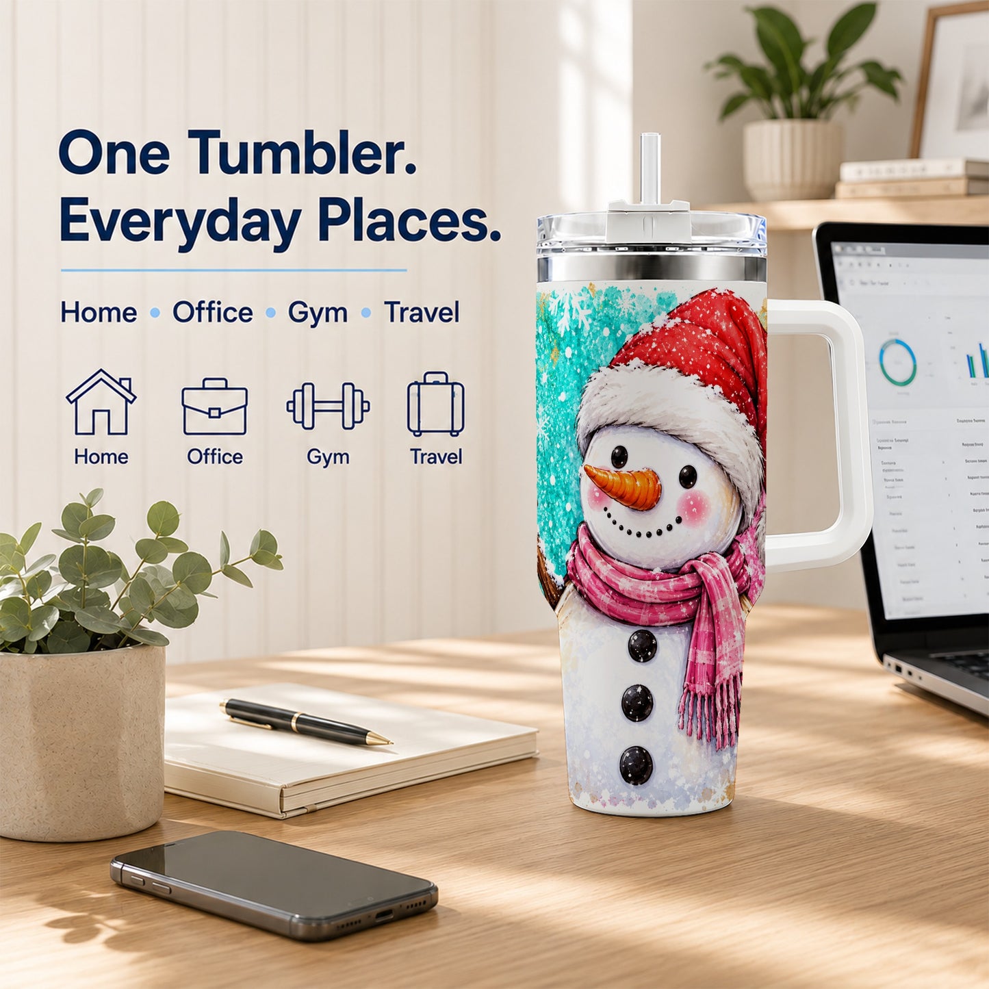 #pl[40oz|White] Snowman 40oz Tumbler with Handle, Colorful Winter Travel Cup