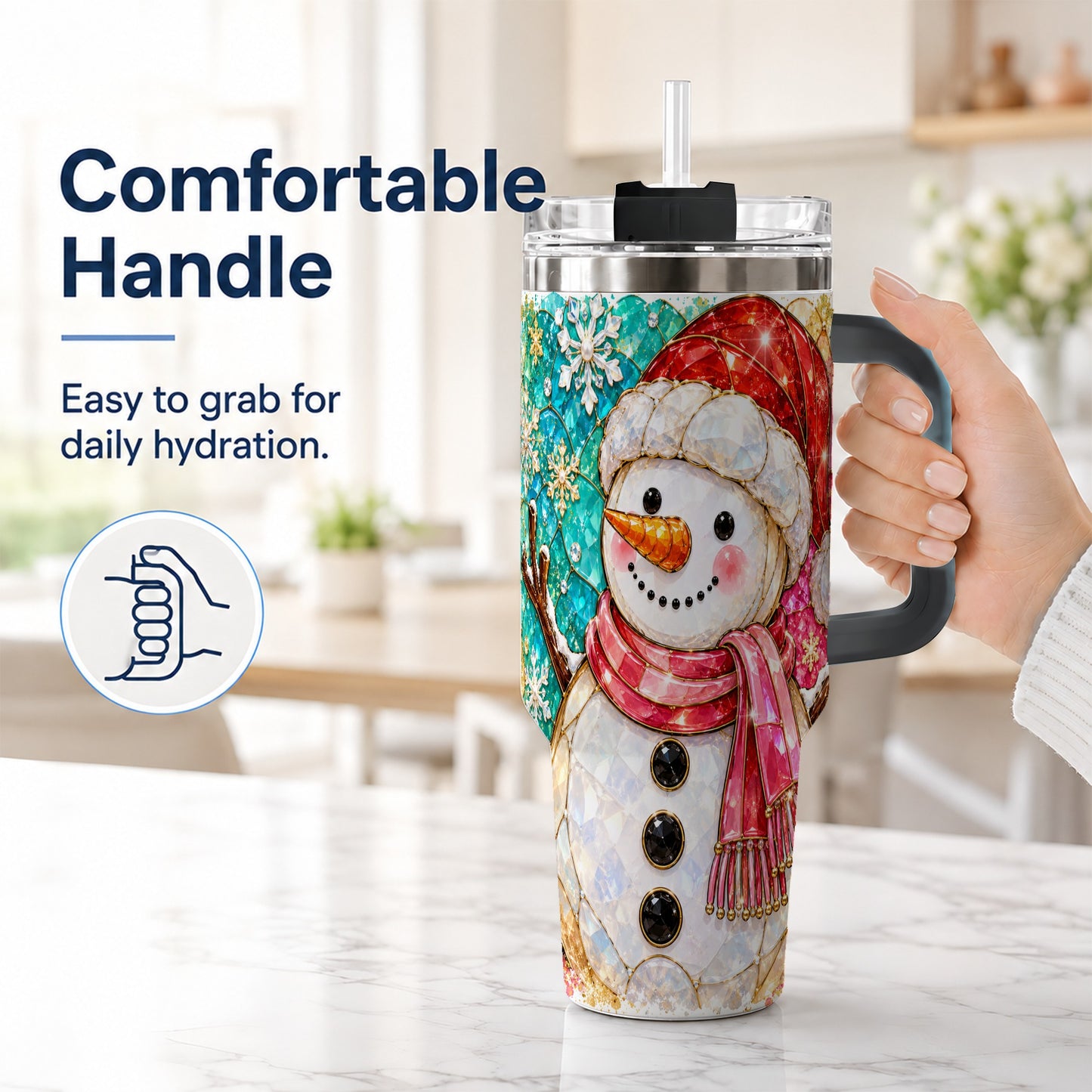 #pl[40oz|Black] Snowman 40oz Tumbler with Handle, Jeweled Winter Travel Cup