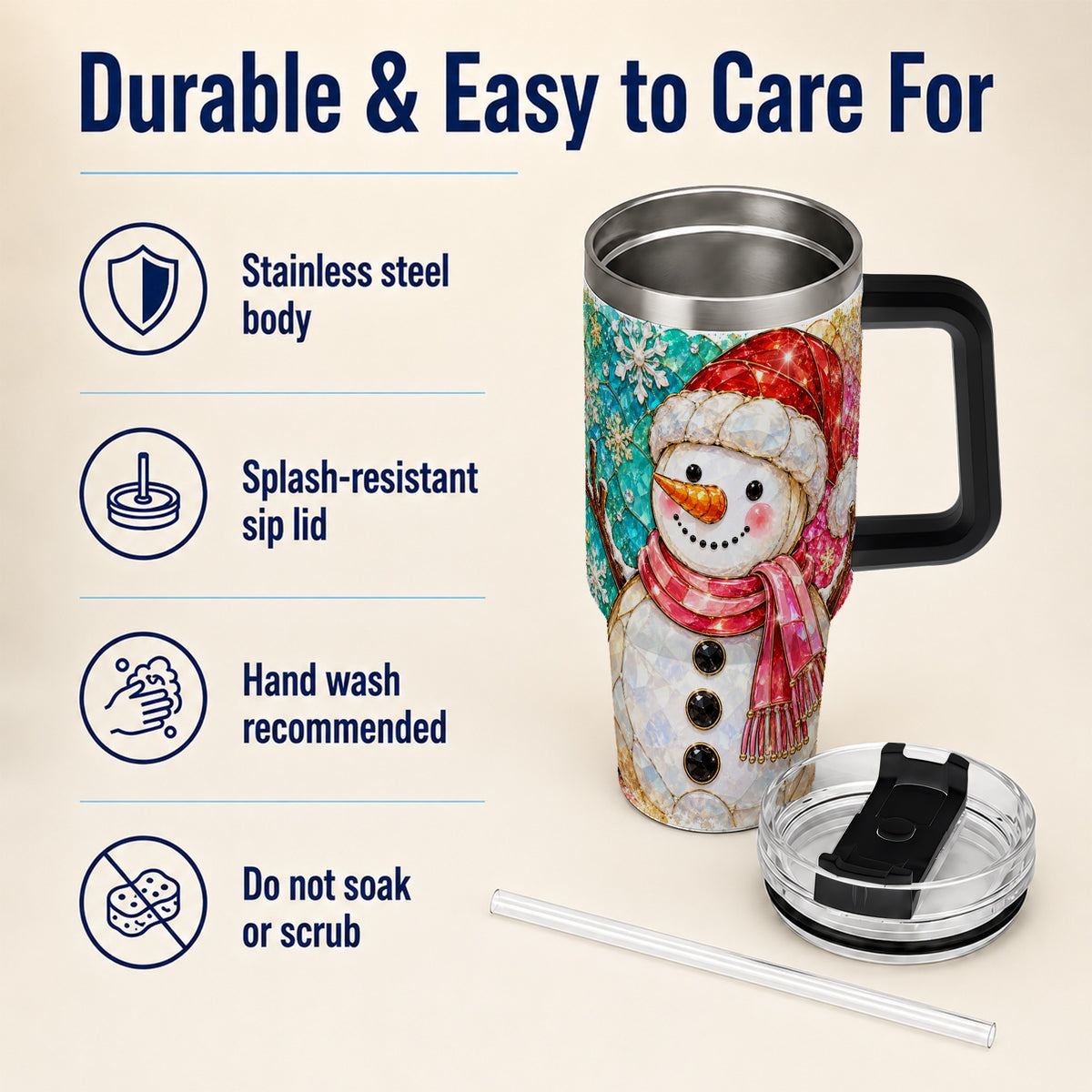 #pl[40oz|Black] Snowman 40oz Tumbler with Handle, Jeweled Winter Travel Cup