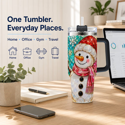 #pl[40oz|Black] Snowman 40oz Tumbler with Handle, Jeweled Winter Travel Cup