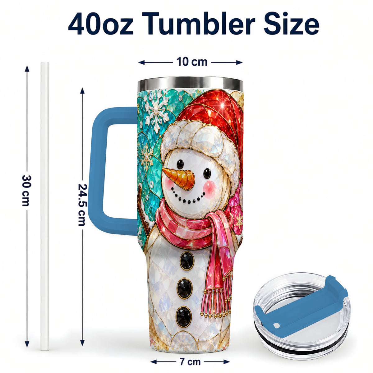 #pl[40oz|Blue] Snowman 40oz Tumbler with Handle, Jeweled Winter Travel Cup