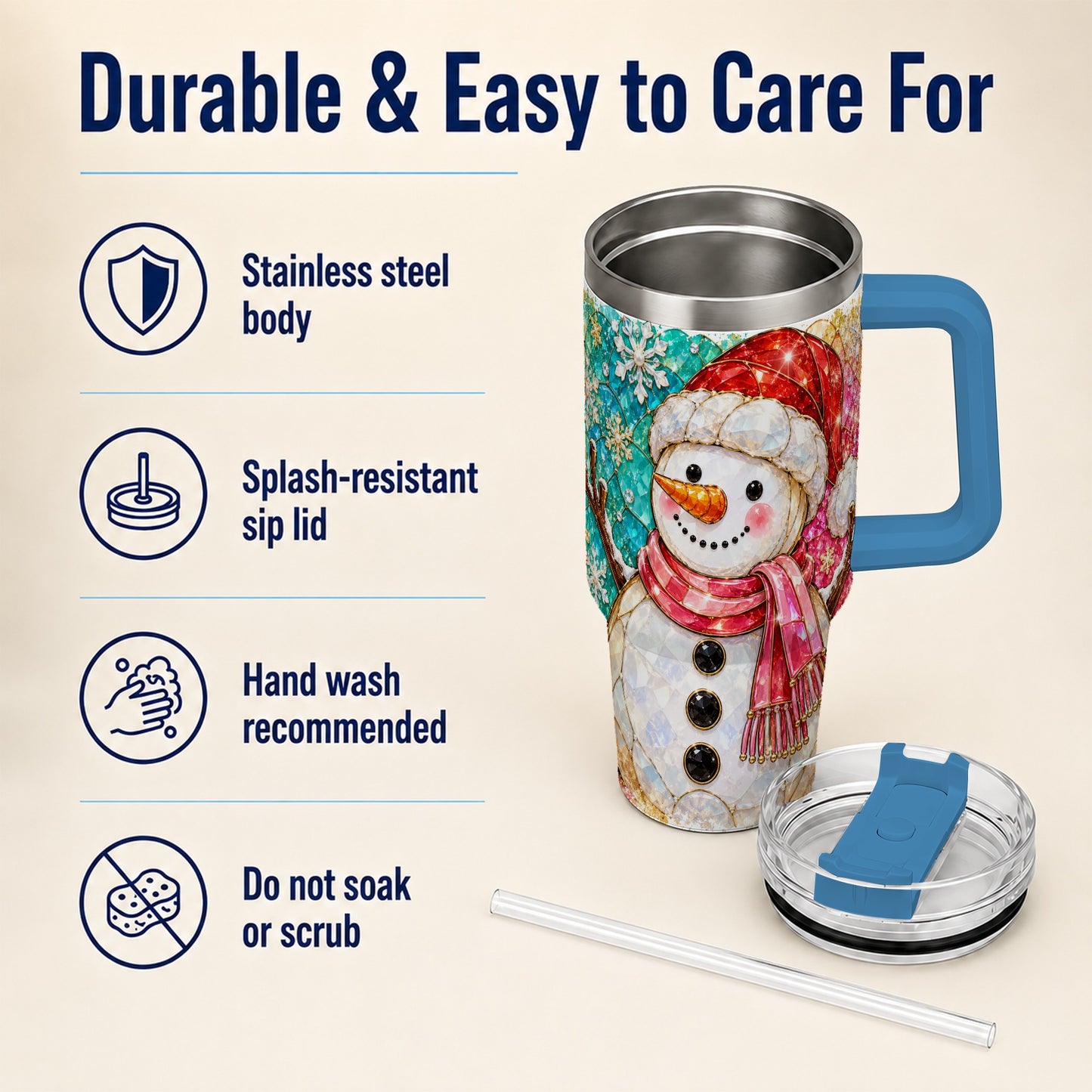 #pl[40oz|Blue] Snowman 40oz Tumbler with Handle, Jeweled Winter Travel Cup
