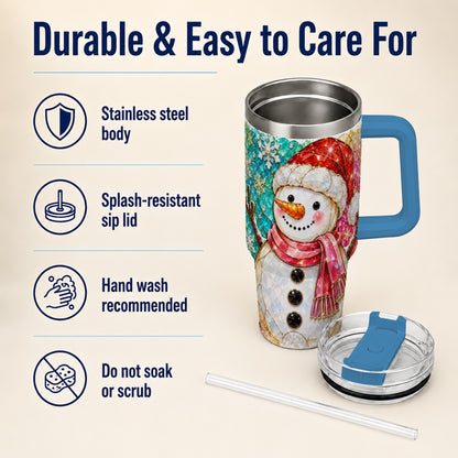 #pl[40oz|Blue] Snowman 40oz Tumbler with Handle, Jeweled Winter Travel Cup