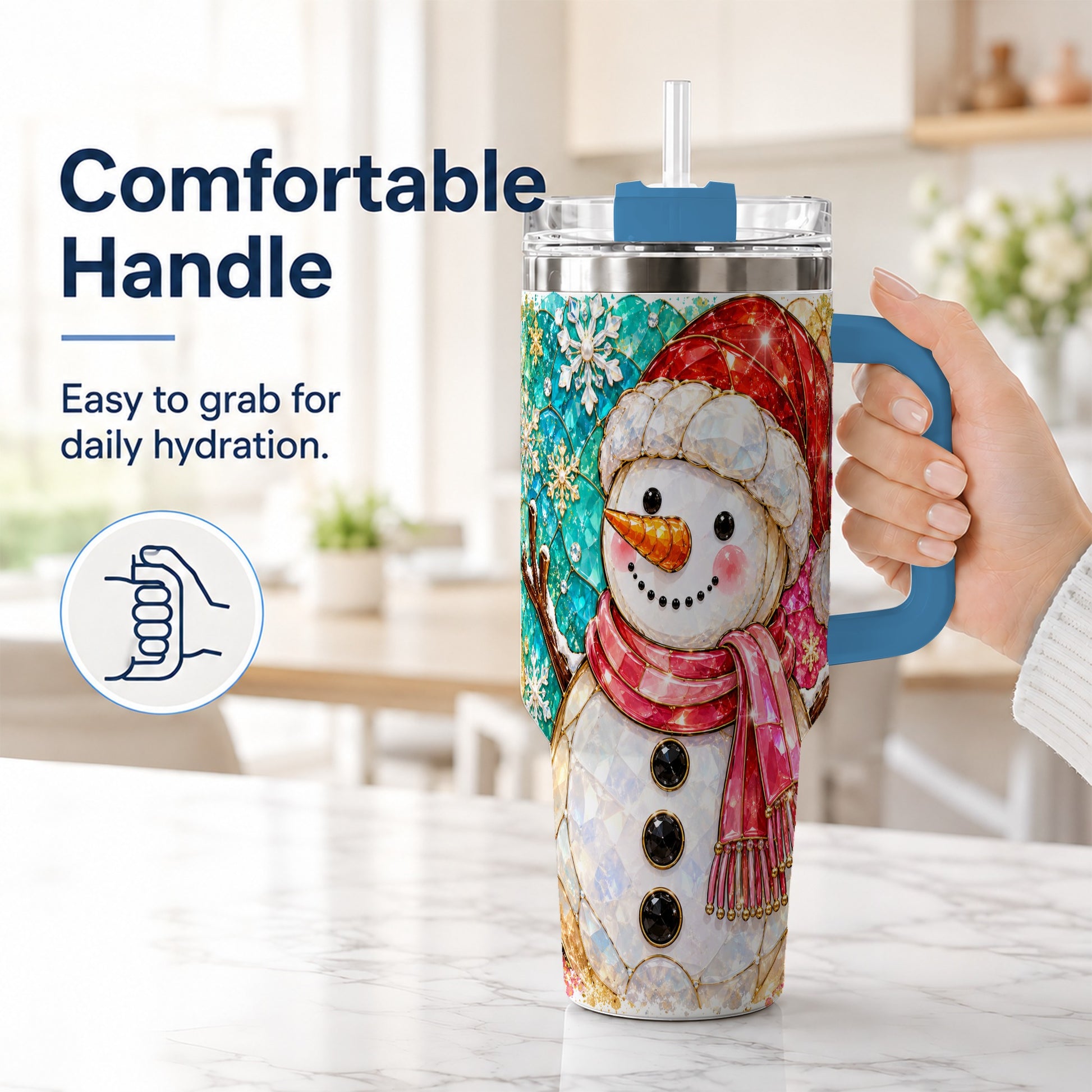 #pl[40oz|Blue] Snowman 40oz Tumbler with Handle, Jeweled Winter Travel Cup
