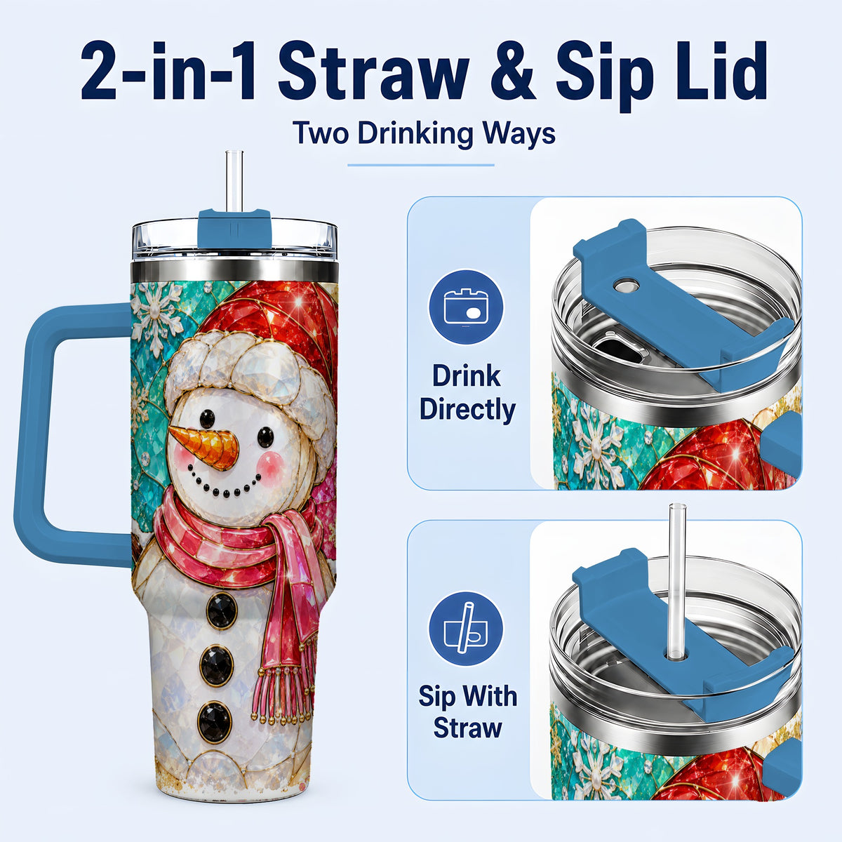 #pl[40oz|Blue] Snowman 40oz Tumbler with Handle, Jeweled Winter Travel Cup