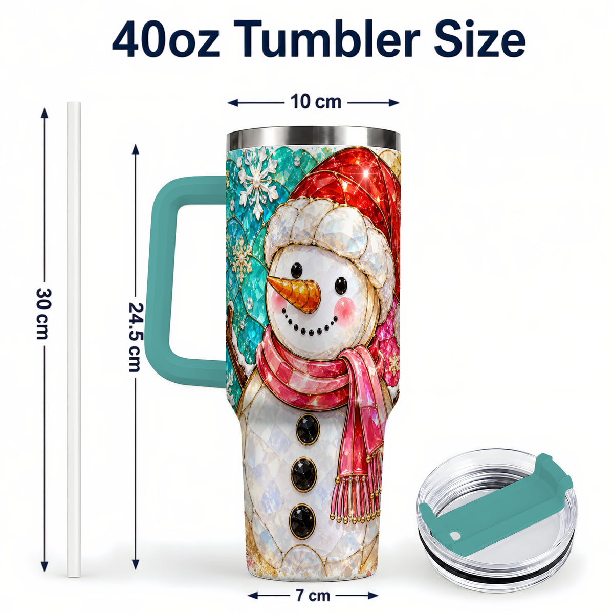 #pl[40oz|Green] Snowman 40oz Tumbler with Handle, Jeweled Winter Travel Cup
