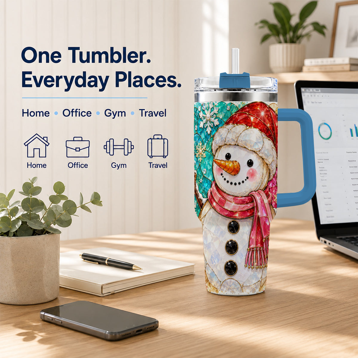 #pl[40oz|Blue] Snowman 40oz Tumbler with Handle, Jeweled Winter Travel Cup