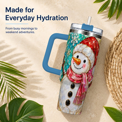 #pl[40oz|Blue] Snowman 40oz Tumbler with Handle, Jeweled Winter Travel Cup