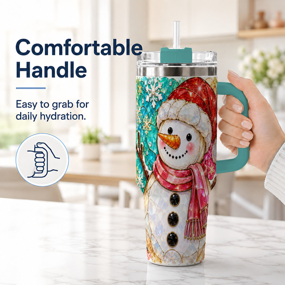 #pl[40oz|Green] Snowman 40oz Tumbler with Handle, Jeweled Winter Travel Cup
